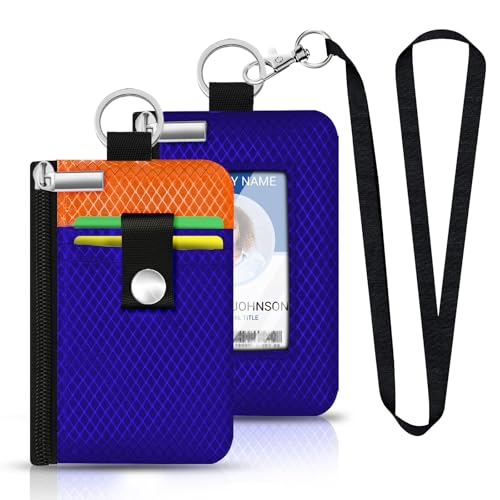Image of Minimalist RFID Blocking Small Wallet with ID Window,WaterResistant Zip Id Case Wallet with Lanyard Keychain for Cards,Cash,Travel,Women,Men (Sapphire Blue /Orange)