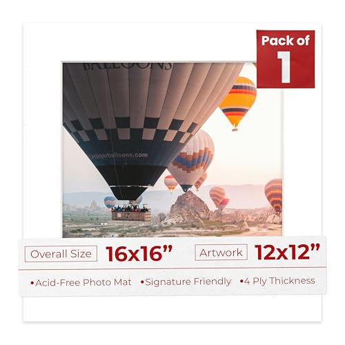 Poster Palooza 16x16 Mat Bevel Cut for 12x12 Photos - Precut White Square Shaped Photo Mat Board Opening - Acid Free Matte to Protect Your Pictures - Bevel Cut for Family Photos, Pack of 1 Matboard