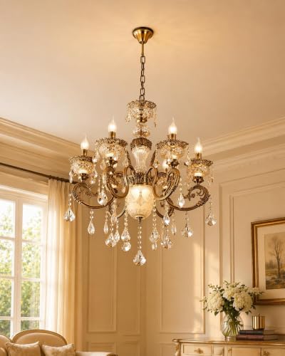 Image of Modern Crystal Chandelier, 8-Light Ceiling Light Glass Fixture, Antique Bronze with Crystal Droplets, Gold Designer Shades for Living, Dining, Bedroom, Staircase & Foyer with Filament Bulbs
