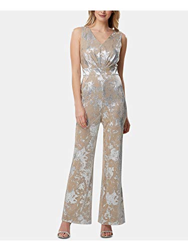 Tahari ASL Womens Metallic Cocktail Jumpsuit Beige 14