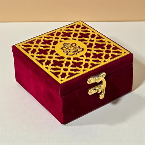 Image of Handcrafted Velvet Jewellery Box, Ganpati Ji Design, Red, 4x4 | Wooden Base, Decorative Organizer, Ganesh Motif, For Puja Festive Wedding Gifting