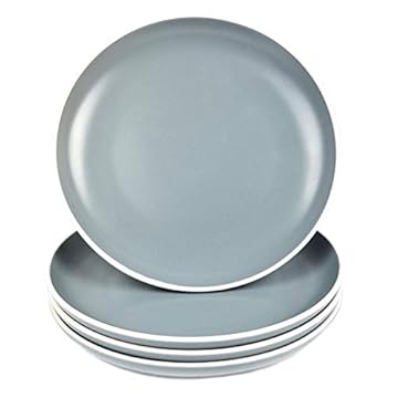 YöL Set of 4 Dinner Plates Tableware Round Dishes Solid Grey White Rim Stoneware