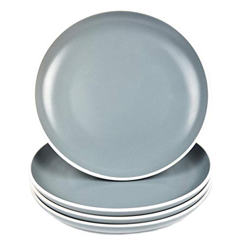 YöL Set of 4 Dinner Plates Tableware Round Dishes Solid Grey White Rim Stoneware