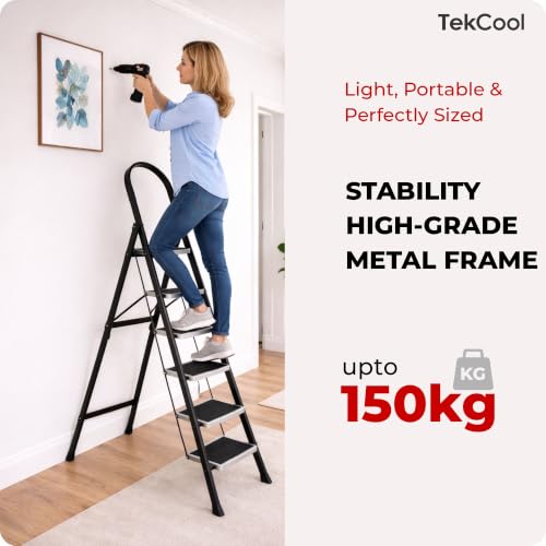 Image of TEKCOOL Ladder for Home 6 Steps Foldable with Built-in Tool Tray | Heavy Duty D Shape Rods | 20 x 30cm Large Platform | Wide Rubber Feet | Secure Lock | 150Kg Capacity