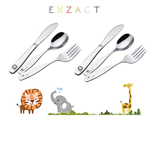Exzact Kinderbesteck 6 Stück Edelstahl 18/10 Kinderbesteck Kleinkind Besteck Besteck – 2 x Gabeln, 2 x Safe Dinner Messer, 2 x Dinner Löffel – Safari Giraffe Elefant Löwe