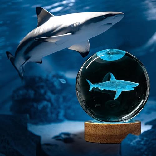 Image of 3D Shark Crystal Ball Night Light with Remote Upgraded 3.15 in Shark Glass Ball Table Lamps with 16 Color Led Wooden Base for Birthday Xmas Cool Shark Figurines Room Decor Gifts for Kids Teen