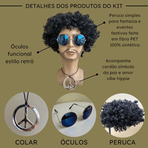 LIONSWIG, Peruca Hippie Afro Retrô colar e óculos festa anos 50 60 70 Cor:Preto