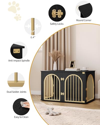 Hzuaneri Hundekäfig Möbel, 100cm Hundebox für Zuhause, 3 Türen, Bogentür, Moderne Hundebox Indoor für Hunde, Beistelltisch, Hundekäfig Hochbelastbar, 100 x 60 x 63 cm, Schwarzes Gold DFC84104A