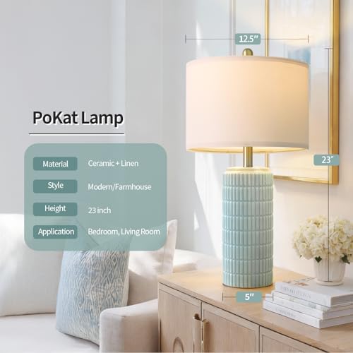 Image of PoKat 23 inch Light Blue Table Lamps Set of 2, Modern Bedside Lamps for Bedroom, Coastal Ceramic End Table Lamps for Living Room, Ocean Nightstand New Home Decor Lamps
