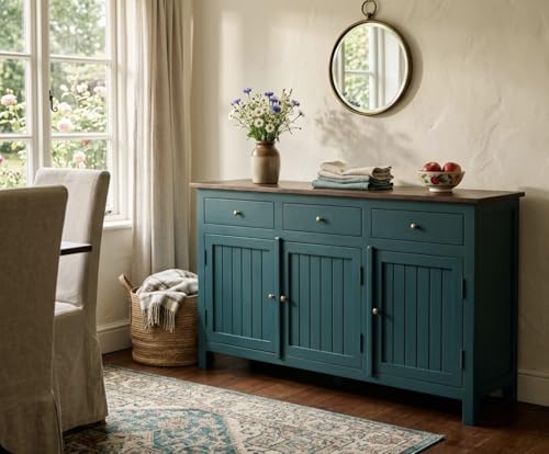 Image of Solid Wood Madrid 3 Drawer Sideboard Cabinet for Living Room | Premium Acrylic Emerald Green and Tubaq Finish | 130x35x80 cm