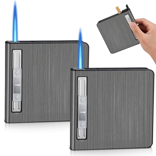 WIYETY Pitillera con mechero: 2 unidades de aluminio para cigarrillos, resistente al viento, encendedor de gas, encendedor de tormenta, puede contener 20 barriles (se vende sin gas) (negro)