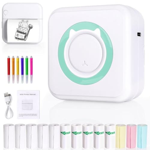 Mini Portable Printer with 14 Rolls Sticker Paper, Pocket Bluetooth Thermal Printer for Photo Travel Memo Scrapbook, Compatible with Phone (WhiteGreen)
