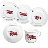 Kindergeschirr Kinderservice 5-tlg. Feuerwehr Kinder Service Set aus Porzellan Teller Becher Schale personalisierbar mit Wunschname Name Kindergeschirr mit Namen personalisiert