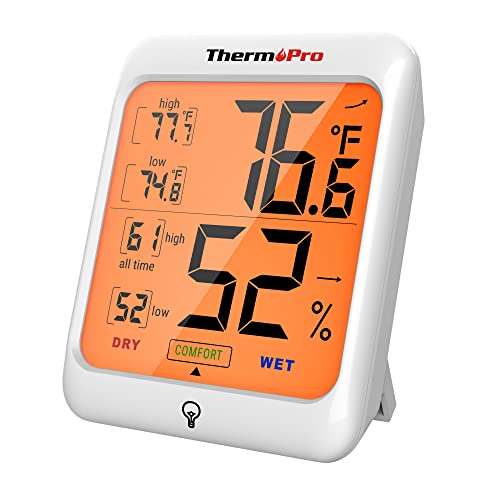 ThermoPro TP53 Digital Hygrometer Indoor Thermometer for Home, Temperature Humidity Sensor with Comfort Indicator & Max Min Records, Backlight Display Room Thermometer Humidity Meter