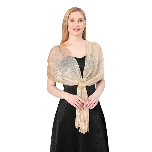 Image of Stoles for Evening Dress with Buckle, Fringes - Polyester Blend, Shimmer Stole Wraps for Weddings, Party | Women's Clothing