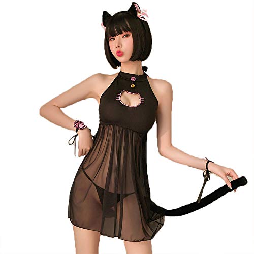 JasmyGirls Sexy Gato Cosplay Lencería Vestido Halloween Kawaii Anime Gatito Ojo De La Cerradura Traje Lindo Traje De Mucama Lolita Japonesa Ropa Interior, Negro, talla única