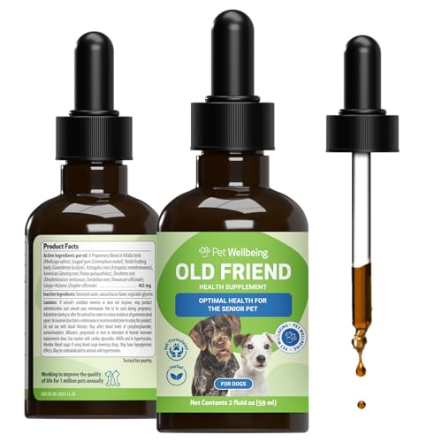 Pet Wellbeing Old Friend for Senior Dogs – Supports Immune System Health, Joint Mobility, Healthy Energy Levels, Alfalfa, Reishi – Veterinarian-Formulated Herbal Supplement 2 oz (59 ml)