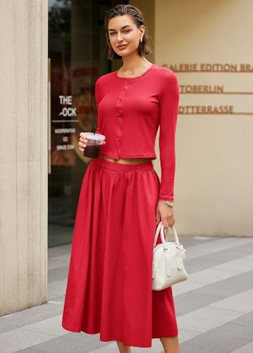 Image of Panadila Womens 2 Piece Lounge Sets Matching Vacation Outfits Ribbed Button Down Cardigan and Elastic Waist Skirt Sets