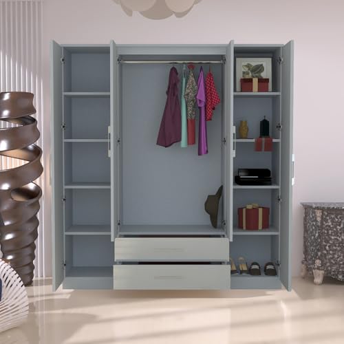 URBAN FURNISHING 4 Door Wardrobe with Drawers, Hanging Rails & Shelves Modern High Gloss Wardrobe for Bedroom (Grey) - Image 7