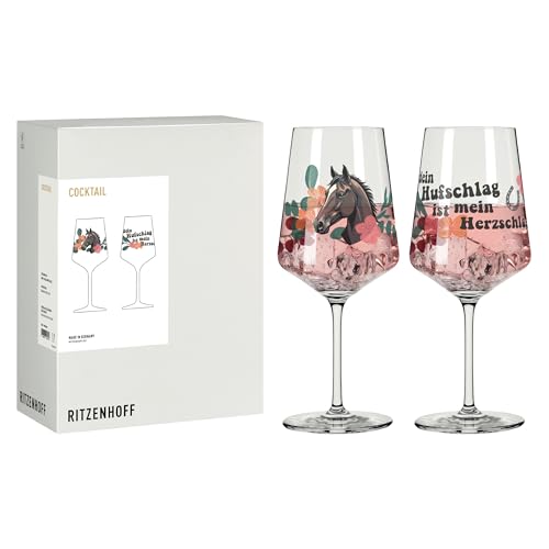 RITZENHOFF 8084006 Cocktail-Glas 2er Set 500 ml, Serie Reitgold - 2 Stück, Motiv Pferd, Spruch, bunt - Made in Germany