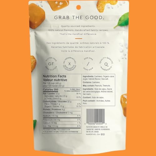 Handfuel Salted Caramel Cashews, Hand Roasted Salted Cashews, 4g of Protein, Proudly Canadian Made Plant Based Flavoured Nuts - 150 Grams - 1