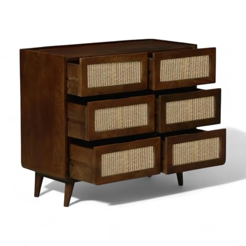 Image of Solid Wood & Cane Concerto Chest of Drawers | 6-Drawer Wooden Storage Dresser | Walnut Brown Finish