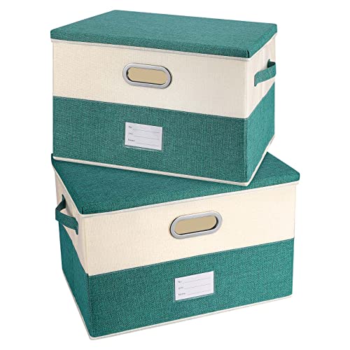Image of Large Linen Fabric Foldable Storage Bins with Removable Lid and Handles, Washable Storage Box Organizer Containers Baskets Cube with Cover for Bedroom,Office (Turquoise&Cream, Medium(2-Pack))