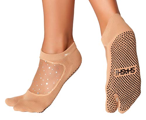 Shashi Nude Glitter Mesh Non Slip Split Toe Ergonomic Sock Pilates Barre Yoga