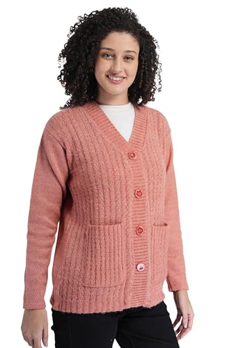 Image of MANRA Women's Woolen V-Neck Buttoned Full Sleeve Cardigan Self Design Soft Wool Fabric Winter Wear Pure Wool Sweater Fully Warm with Front Pockets Stylish Cardigan