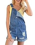GRAPENT Women's Casual Ripped Stretchy Denim Shortalls Adjustable Straps Cuffed Hem Summer Bib Overall Jean Shorts Medium Blue Color Size Large