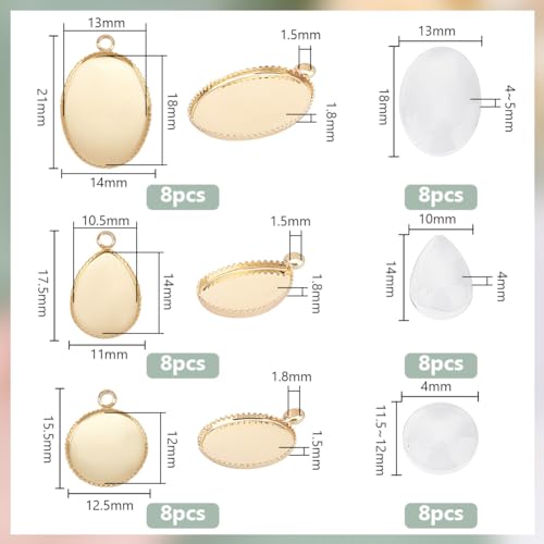 PH PandaHall 48pcs Pendant Trays for Jewellery Making Kits Transparent Glass Cabochons Real 14K Gold Plated Blank Bezel Pendant Trays 3 Styles for Earings Bookmarks Bracelets Photo Charms Necklaces - Image 2