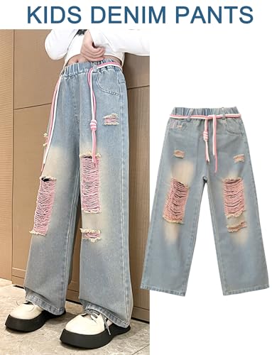AUBIG Kids Girl's Casual Jeans High Elastic Waist Cool Ripped Jeans Straight Leg Distressed Denim Pants with Pocket3