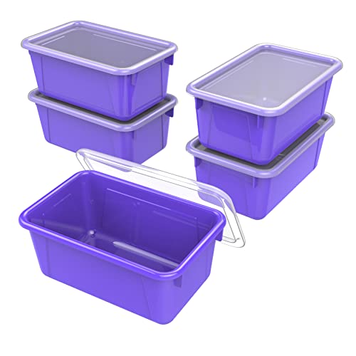 Image of Storex Small Cubby Bins - Plastic Storage Containers for Classroom with Non-Snap Lid, 12.2 x 7.8 x 5.1 inches, Purple, 5-Pack (62411A05C)