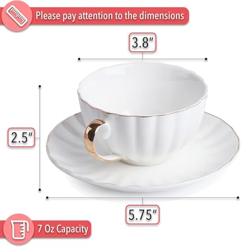 Image of Kitchen Tea Cups and Saucers Set of 6 (180 Ml), Porcelain White Tea Cup Set with Golden Trim, Dishwasher Safe for Tea Milk & Coffee Chai, Teacup Set