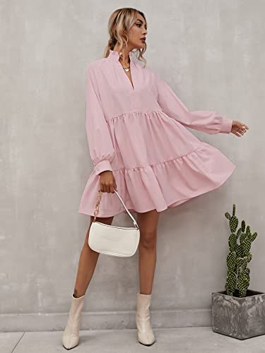 Floerns Women's Casual High Waist Notch Neck Long Sleeve Rufle Hem Smock Dress Pink S #TOP2