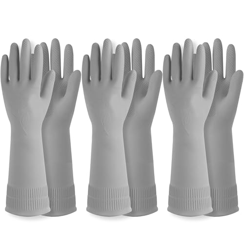 DABOGOSA Rubber Dishwashing Gloves, Non-Slip Kitchen, Grey Medium, 3 Pairs