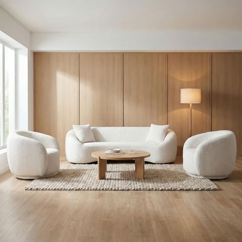 Image of 93.31 inch Curved Sofa Set, 3-Seater Modern Boucle Sofa with 2 Swivel Barrel Chairs, Solid Wood Frame, Deep Seat No Assembly Required, Living Room Sofa Set for Apartment, White