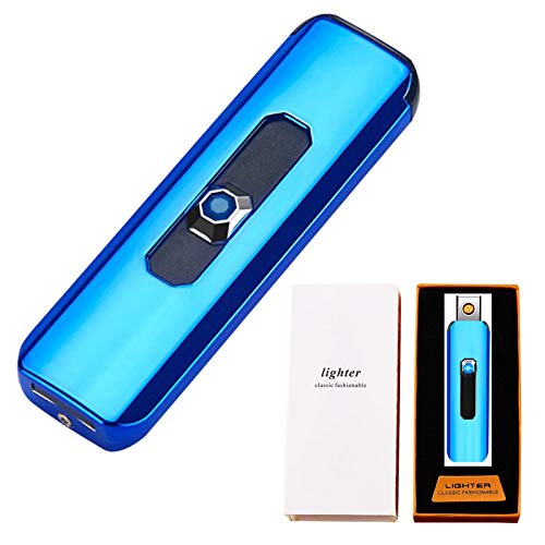 Electronic Lighter, Upgrade Flameless USB Electric Lighter, Mini Push Type Windproof Rechargeable Lighter, Slim Coil Portable Plasma Mute Lighter for Camping Indoor Outdoor Cigarette Lighter (Blue)