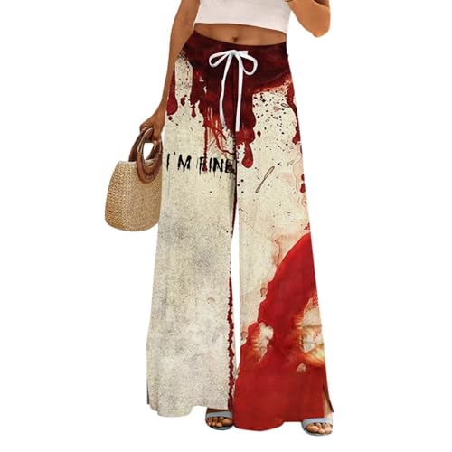 Halloween Womens Wide Leg Palazzo Pants Elastic High Waisted Hiking Pant Long Lounge Adjustable Tie Trousers