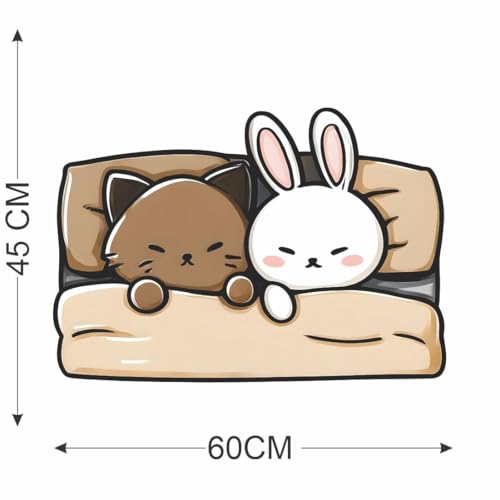 Image of Cute Sleeping Cat & Bunny Wall Sticker | Self Adhesive Cartoon Animal PVC Wall Decal for Ki-ds Room, Nursery, Bedroom & Playroom Decor