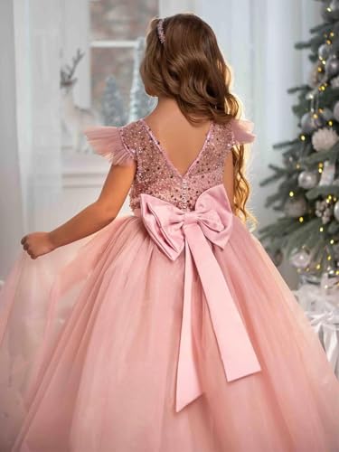 Pearl Sequin Flower Girl Dress for Wedding Kids Tulle Long Pageant Birthday Dress Bowknot Princess Prom Ball Gowns4
