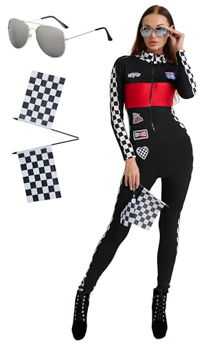Maxim Party Supplies Women's Race Car Driver Costume, Black and Red Racing Jumpsuit with Checkered Pattern, Halloween Outfit with Flags (X-Large)