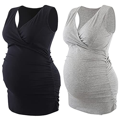 Colomi Maternity Nursing Tank Top Women Maternity Pajama Tops Nursing Cami Sleep Bra For Breastfeeding (Black+Grey/2Pack, M) #TOP2