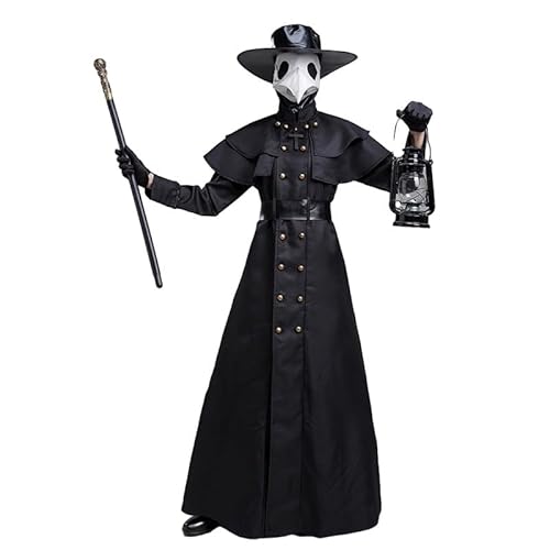 CHJIEXDEC Costume de docteur de la peste pour adulte – Costume d'Halloween – Costume médiéval de la Renaissance – Ensemble masque et chapeau (taille L)