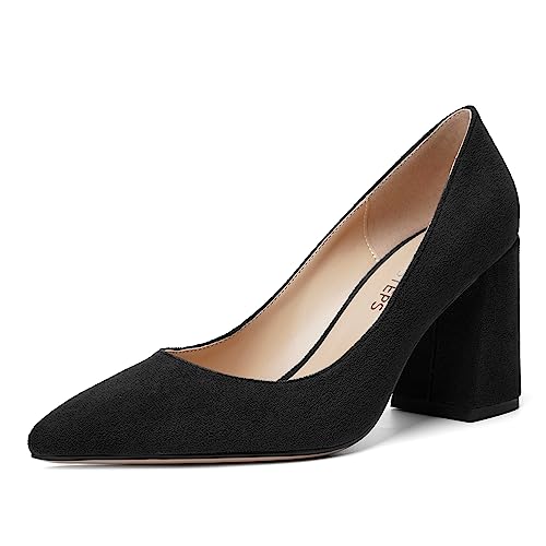 MOVINSTEPS Womens Dating Slip On Dress Pointed Toe Suede Block High Heel Pumps Shoes 3.3 Inch