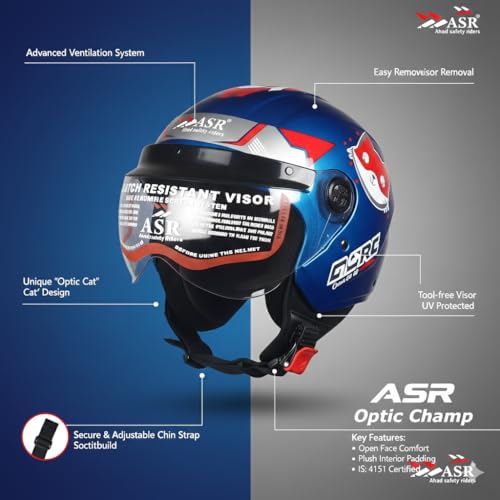 Image of ASR Junior Riders Helmet, High-Impact ABS Shell, Scratch & UV Resistant, Wide-View Visor, ISI Approved, Boys & Girls,Size-XS (Blue)