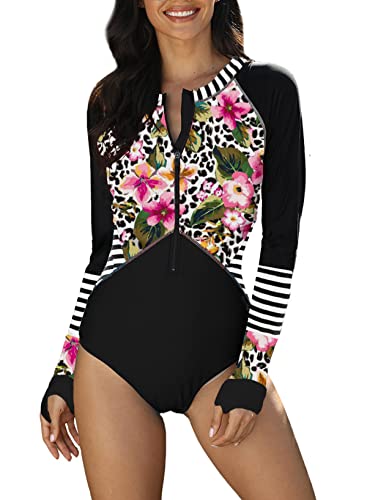 AZOKOE Women Retro Floral Printed Rash Guard Long Sleeve One Piece Swimsuit Zipper Surfing Bathing...