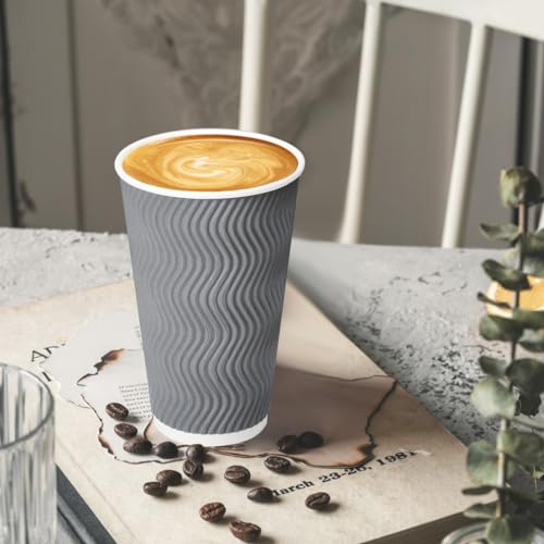 BYSNOW 16 oz Coffee Cups with Lid, 100 Pack Disposable Coffee Cups Insulated Ripple Paper Cups for Water, Juice, Coffee (Gray 16 oz)
