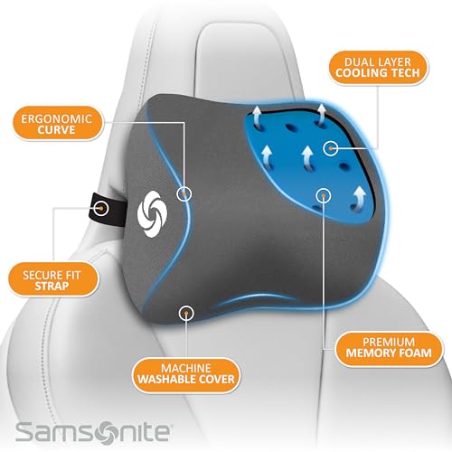 Image of Samsonite Ergonomic Neck Pillow - Large Car Neck Pillow for Driving, Gel Memory Foam Cushion for Travel, Cooling Car Support Headrest for Road Trips, Fits Cars, SUV's, Trucks, and Desk Chairs, Grey