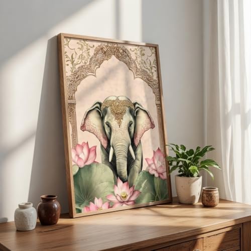 Image of SAF Royal Elephant Lotus Wall Art with Wooden Frame | Vintage Palace Arch HD UV Laminated Print on MDF | Elegant Vastu Animal Painting for Living Room Bedroom Decor 13.5 x 19.5 Inch